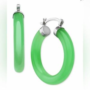 Green Jade Polished Cap Small Hoop Earrings in Sterling Silver 1"